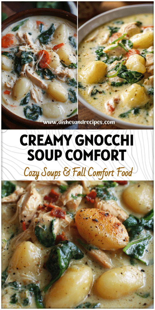 A bowl of creamy Chicken Gnocchi Soup with tender gnocchi, chicken, and spinach in a rich broth inspired by Olive Garden.